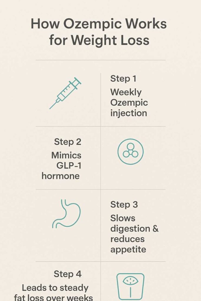 Infographic showing how Ozempic helps in weight loss by regulating appetite, insulin, and digestion – doctor-guided GLP-1 treatment in India