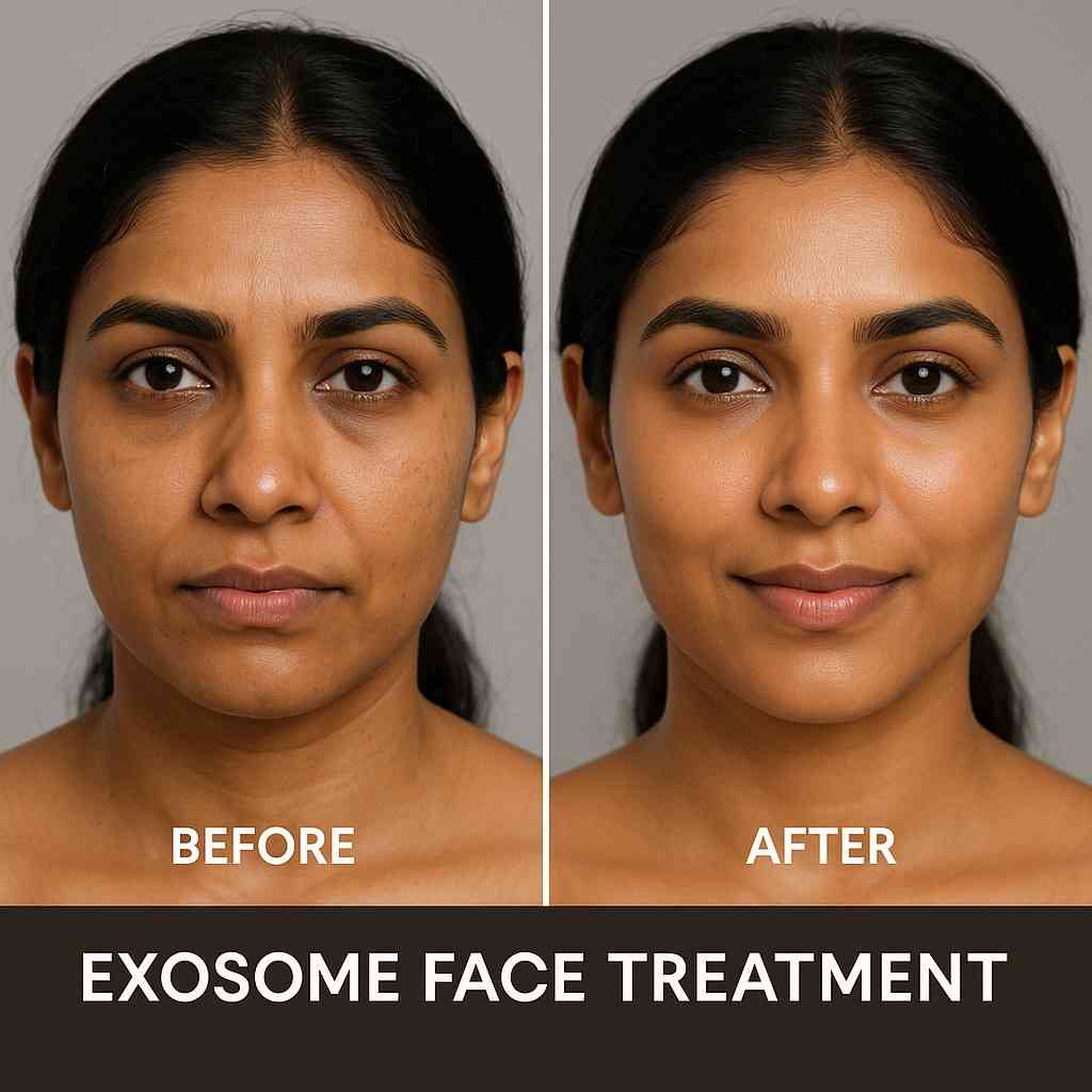 Best result of exosome face treatment on Indian woman – visibly brighter, tighter, and smoother skin after non-surgical facial rejuvenation.