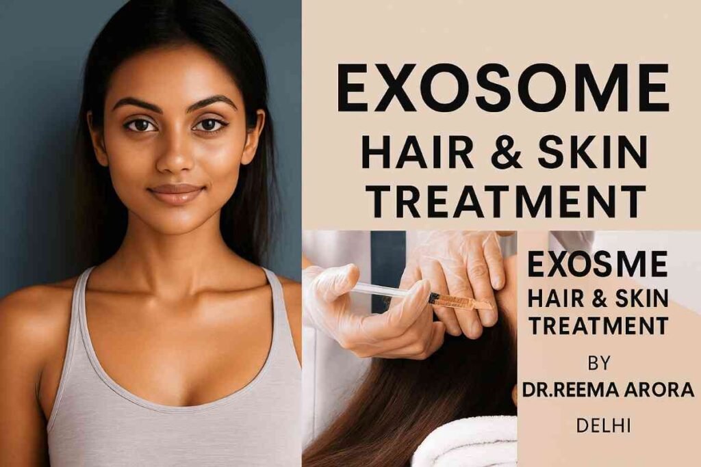 Indian woman with glowing skin next to a hair exosome injection procedure, promoting Exosome Hair & Skin Treatment by Dr. Reema Arora in Delhi.