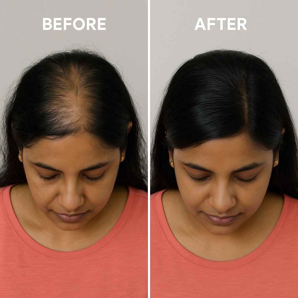 Before and after image of an Indian woman showing visible skin improvement after exosome face treatment—smoother texture, reduced pigmentation, and improved glow.