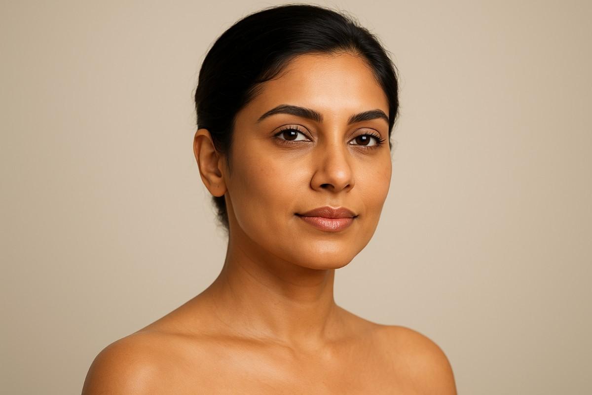 Confident Indian woman in her 30s with visibly lifted jawline and cheeks after PDO thread lift treatment at The Face Clinic, Delhi, India