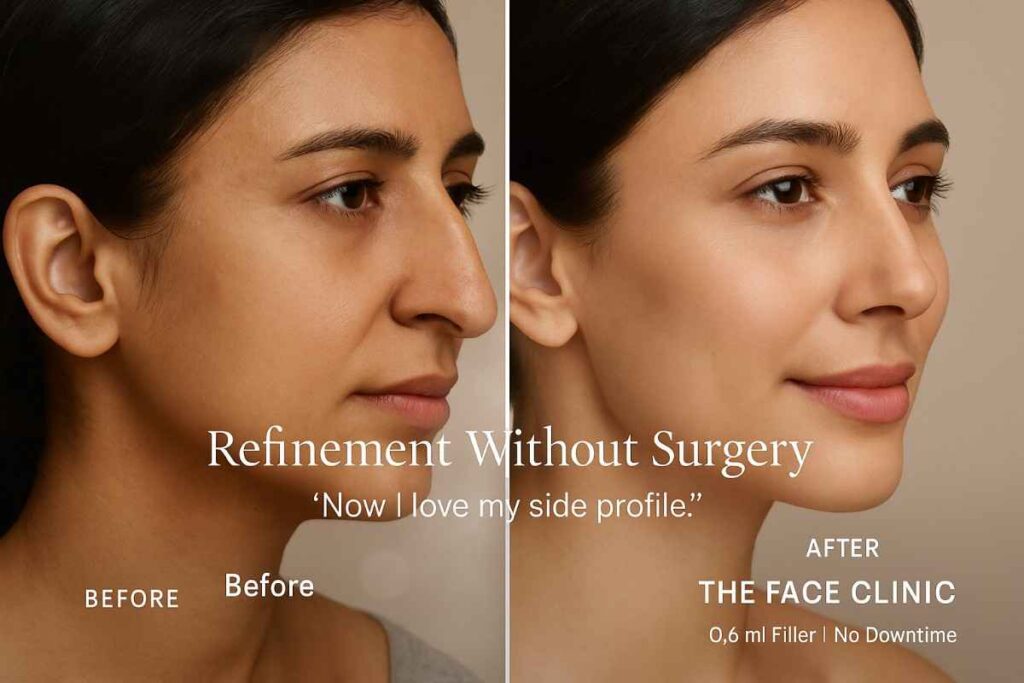 Before and after non-surgical rhinoplasty results in Delhi with dermal fillers for a natural nose shape