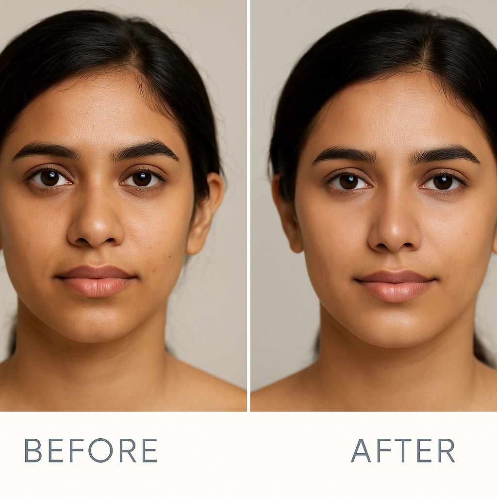Before and after non-surgical rhinoplasty results in India with dermal fillers for nose reshaping