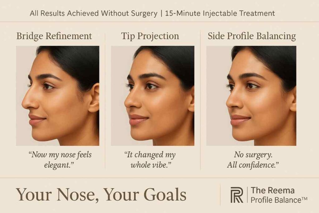 Nose filler before and after results in India showing non-surgical rhinoplasty transformation