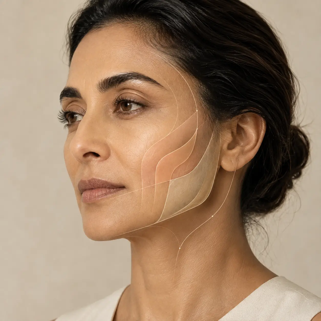 Editorial illustration showing facial skin, volume, support and contour